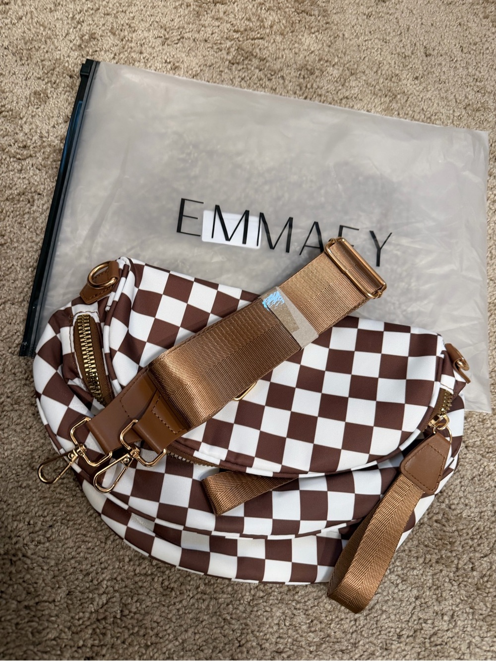Emmafy Brown & White Checkered Crossbody Bag with Adjustable Strap